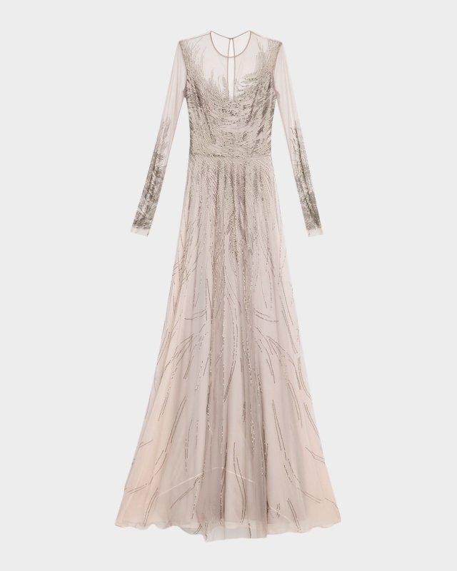 Abstract Beaded Long-Sleeve Illusion Gown